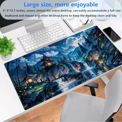 Pagoda Landscape Desk Pad, Large Extended Keyboard Mousepad 31.5x15.7 | Aesthetic mystical forest desk mat featuring comfortable 3mm padding, premium glides, and reliable grip base. - color: Full Moon