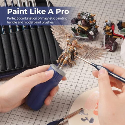 Nicpro Professional Miniature Painting Kit - 25PCS Miniature Paint Brushes Drybrush with Magnetic Painting Handle, Model Paint Brushes for Miniatures, Model, Craft, Acrylic Painting, with Nylon Bag - color: Blue