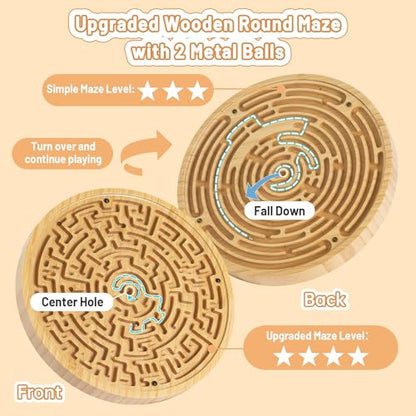 Wooden Labyrinth Board Game with Two Versions of Upgraded Circular Marble Maze with Two-Sided Design, 2-in-1 Puzzle Maze with Two Metal Balls, Brain Teaser Game for Children, Teenagers, and Adult - color: 2 in 1