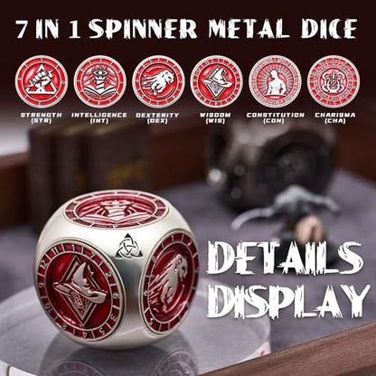 7-in-1 메탈 DND 주사위 스피너 큐브, 테이블 탑 RPG용 3D 릴리프, 던전 마스터 및 플레이어를 위한 선물 상자 (매트 레드) - color: Matter Red