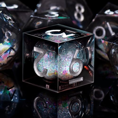 AUSTOR Liquid Core DND Dice Set, 7-Die Sharp Edge Polyhedral Dice Quicksand Handmade Resin Dices for Dungeons and Dragons RPG MTG Table Games, Black, Silver - color: Black, Silver
