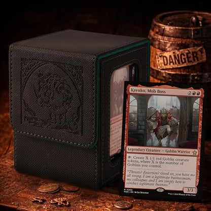Goblin Themed MTG Deck Box with Commander Display (Black and Green) | Holds 120 Single/100 Double-Sleeved Cards, Fit MTG/PTCG/OPTCG Cards, Strong Magnet, PU Leather, With 2 Dividers & 1 Toploader - color: Goblin
