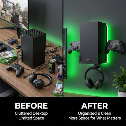 BracNova Wall Mount Kit for Xbox Series X-Steel Wall Mount Shelf Stand with Detachable Controller Holder and Headphone Hook-Safely Store Your Xbox X Console Near or Behind Your TV