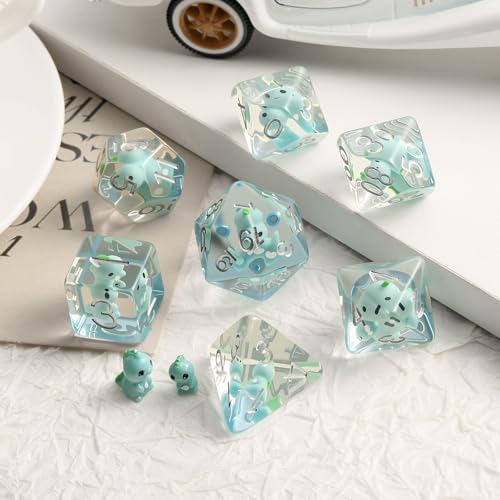 Dinosaur D&D Dice Set 7PCS Polyhedral Dice for Dungeons and Dragons, D&D RPG Resin Dice with Silver Numbers in Gift Velvet Bag for DND Players（Dinosaur
