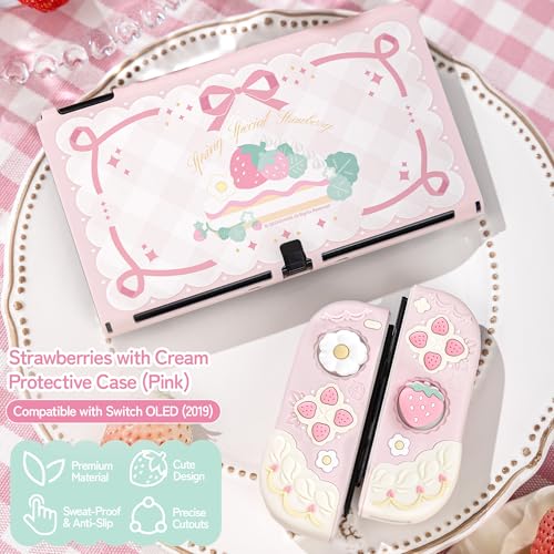 GeekShare Strawberries with Cream Case Compatible with Switch OLED, Soft Silicone Slim Protective Cover with Separable Shell and 2 Thumb Grips (Pink) - color: Pink Strawberries, size: For Switch OLED