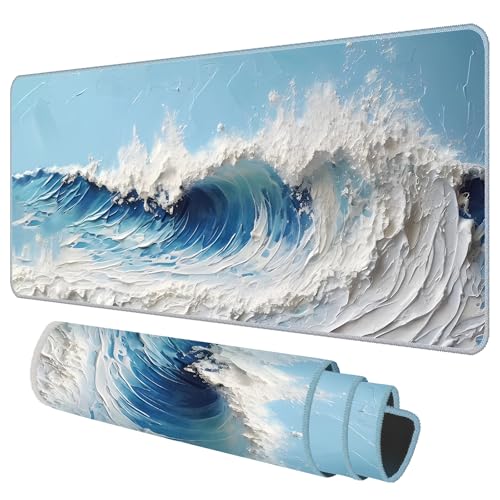 Galdas Gaming Mouse Pad XXL XL Large Long Extended Big Mousepad Non-Slip Rubber Keyboard Desk Pad with Stitched Edges for Laptop Home Office (31.5x11.8x0.08 Inch) … (Painting Waves) - color: Painting Waves
