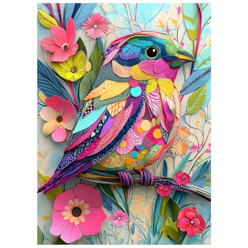 Hummingbird Puzzles for Adults 1000 Pieces, Collage Colorful Bird Flower Puzzle, Paper Cut Art Aesthetic Spring Animal Themed, Difficult Hard Impossible Challenge for Adults - style: Collage Colorful Bird