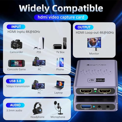 4K HDMI Video Capture Card for Nintendo Switch 2, PS5, Xbox, PC,Streaming- USB 3.0 Game Capture Device with 2K 30fps, Compatible with Broadcasting, Mobile Cameras & More - color: G2