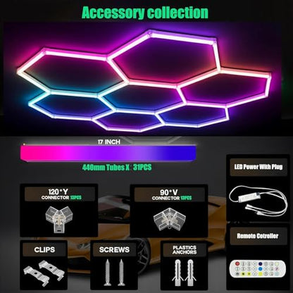 31Pack RGB 7 Hexagon LED Garage Lights - Music Sync Color Changing,App & Remote Control,358 Modes DIY Honeycomb Light for Gaming Room,Gym,Garage - color: RGB-31Lights-7Hexagon