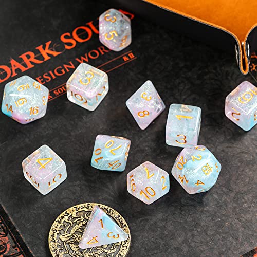 UDIXI 11-Pieces DND Dice Set D&D Polyhedral Dice Iridecent Swirls for RPG | Pink & Cyan Colors, Gold Number, Velvet Dice Bag Packaging, for Dungeons and Dragons Role Playing Games and Tabletop Games - color: 11 Piece Pink Cyan Glitter Dice