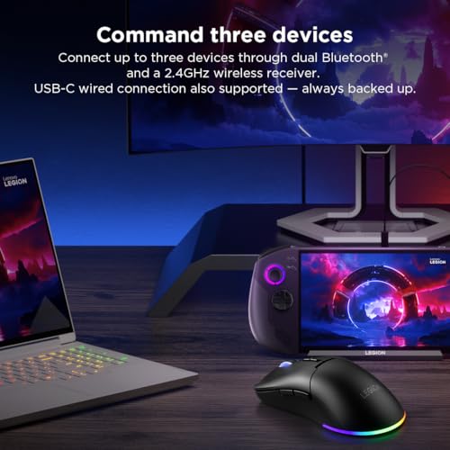 Lenovo Legion M220 Wireless RGB Gaming Mouse, Dual Channel Bluetooth, 2.4Ghz Wireless, USB-C Charging, 5-Level DPI Switch, Symmetrical Medium-Large Size, Black - color: Black, size: Large | Ambidextrous, style: M220