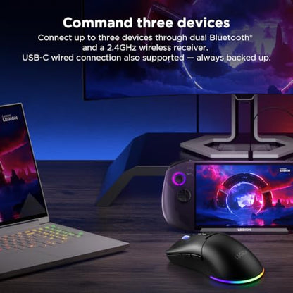 Lenovo Legion M220 Wireless RGB Gaming Mouse, Dual Channel Bluetooth, 2.4Ghz Wireless, USB-C Charging, 5-Level DPI Switch, Symmetrical Medium-Large Size, Black - color: Black, size: Large | Ambidextrous, style: M220