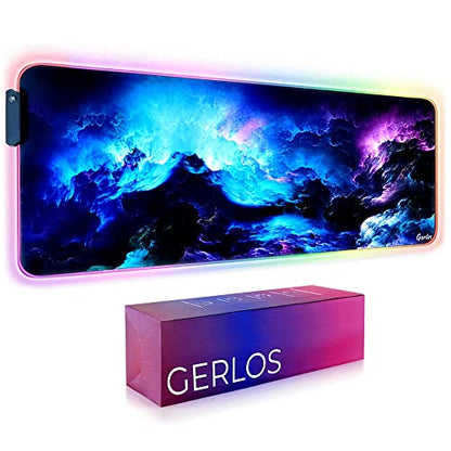 Gerlos RGB Gaming Mouse Pad, Large LED Desk Mat, 31.5 x 11.8 Inch | 12 light modes, non-slip base, water-resistant surface, stitched edges - color: Blue