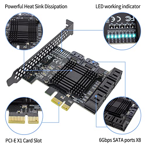 PCIe 8-Port SATA Controller Card (6 Gbps, Compatible with Windows, MAC, Linux) with 8 SATA Cables and Low Profile Bracket - color: PCIE SATA 8 port