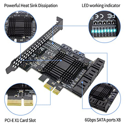 PCIe 8-Port SATA Controller Card (6 Gbps, Compatible with Windows, MAC, Linux) with 8 SATA Cables and Low Profile Bracket - color: PCIE SATA 8 port