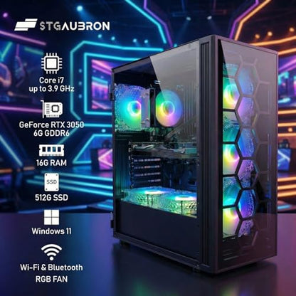 STGAubron Gaming PC Desktop,Core I7,RTX 3050 6G,16G RAM,512G SSD | Gaming Computer Tower for Streaming,Video Editing,Home,School,I7 up to 3.9GHz,ARGB Fan,WiFi 6,BT 5.0,4K DP,HDMI,Win11 Home