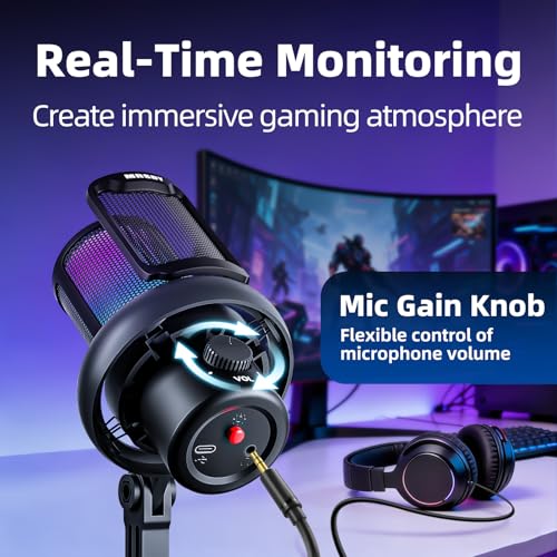 MRSDY USB Gaming Microphone for PC with Noise Reduction, Mute, Gain, RGB | Condenser Mic, Headphone Jack, Suitable for PC, Computer, PS4, PS5, Mac, Streaming, Podcasting, Recording, YouTube, Discord