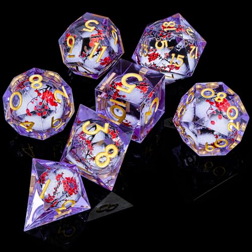 ARUOHHA DND Resin Dice Plum Blossom Liquid Core Golden Purple Sharp Edged Dragons Polyhedral Dice Set with Gift Box, Dungeons D and D Dice Set Role Playing Game D20 D12 D10 D8 D6 D4 - color: Flower&purple White-2