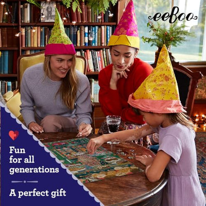 eeBoo Holiday Bakery 1000 Piece Square Jigsaw Puzzle, 23" x 23" | Double coated, sturdy & dust free pieces with a satisfying snap. Includes full color reference insert. Vibrant, original art - style: Holiday Bakery