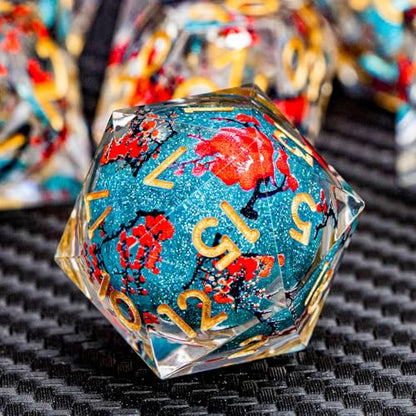 ARUOHHA DND Resin Dice Plum Blossom Liquid Core Dice Golden Blue Sharp Edged Polyhedral Dragons Dice Set with Gift Box, Dungeons D and D Dice Role Playing Game D20 D12 D10 D8 D6 D4 - color: Flower&golden Blue