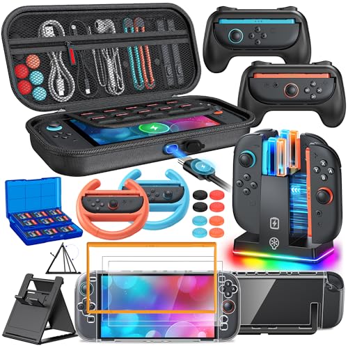 Switch 2 Accessories, [Charge Inside]Case Bundle for Nintendo Switch 2 2025 | FYOUNG 23 IN 1 Kit: Carrying Case, Controller Charger, Protective Shell, Grip for Joycon, Steering Wheel for Mario Kart - color: Black Black
