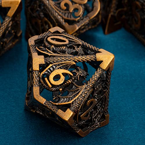 ARUOHHA Hollow DND Metal Dice Set Ancient Gold Dragons D and D Dice, RPG Role Playing Games Dungeons Polyhedral Dice with Gift Box D20 D12 D10 D8 D6 D4 - color: Ancient Gold