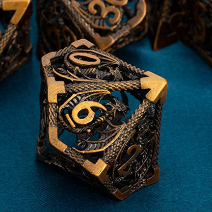 ARUOHHA Hollow DND Metal Dice Set Ancient Gold Dragons D and D Dice, RPG Role Playing Games Dungeons Polyhedral Dice with Gift Box D20 D12 D10 D8 D6 D4 - color: Ancient Gold