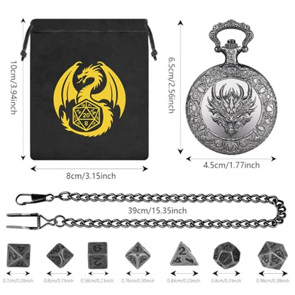 Mini DND Dice Set, with Steampunk Dragon Head Pocket Watch Shell Case, 7-Piece Polyhedral Metal D&D Dice, DND Gift Bag with Dragon Logo, MTG, Role Play Board Game Accessories, Dark Silver