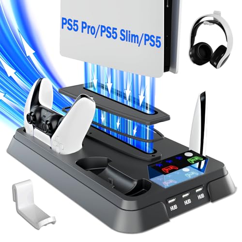 PS5 Cooling Station and PS5 Stand with Controller Charging Station for PlayStation 5 Console, Controller Charger, Cooling Stand, PS5/Slim/Pro Accessories Kit with 3 Level Cooler Fan - color: black