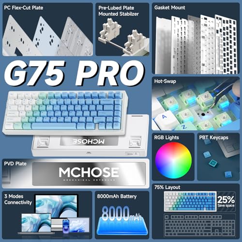 MCHOSE G75 PRO 75% Wireless Mechanical Keyboard, TKL Keyboards Tri-Mode BT5.0/2.4GHz/USB-C, Hot Swap Custom Creamy Keyboards Linear Switch, Double Shot PBT Keycaps RGB LED Backlit, White&Blue - color: Blue