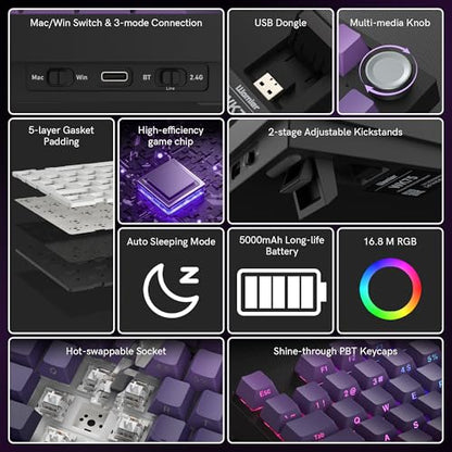 COSTOM WK75 75% Wireless Gaming Mechanical Keyboard Gasket Structure | BT5.0/2.4GHz/USB-C, Hot Swappable Pre-lubed Custom Linear Switches, RGB Backlit Keyboard for PC/Laptop/Xbox/PS4/PS5 (Purple) - color: Purple