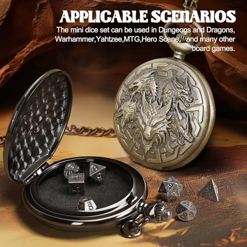 D&D Dice Set,7PCS Metal Dice for Dungeons and Dragons,Mini Dice Set with Pocket Watch Case,Role Playing Board Games Accessories (Dragon, Bronze) - color: Bronze, style: Dragon