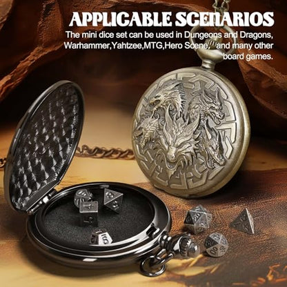 D&D Dice Set,7PCS Metal Dice for Dungeons and Dragons,Mini Dice Set with Pocket Watch Case,Role Playing Board Games Accessories (Dragon, Bronze) - color: Bronze, style: Dragon