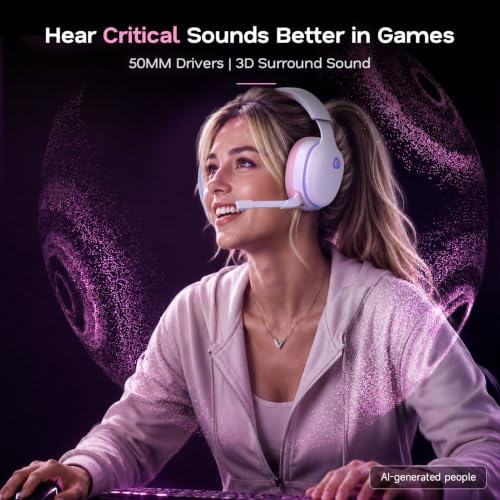 AOC 2.4GHz Wireless Gaming Headset for PS5, PS4 Fortnite & Call of Duty/FPS Gamers, PC, Switch, Bluetooth 6.0 Gaming Headphones with Noise Canceling Mic, 7.1 Virtual Surround, 45Hr Battery - Pink - color: Pink