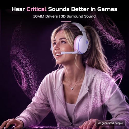 AOC 2.4GHz Wireless Gaming Headset for PS5, PS4 Fortnite & Call of Duty/FPS Gamers, PC, Switch, Bluetooth 6.0 Gaming Headphones with Noise Canceling Mic, 7.1 Virtual Surround, 45Hr Battery - Pink - color: Pink