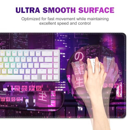 Gaming Mouse Pad, Large Desk Mat, Cute Desk Pad, 4in1 XXL Mousepad + Keyboard Wrist Rest+Mouse Wrist Rest+Coaster Set with Ergonomic Desk Pad for Home Office Table Computer, Purple Anime Neon - color: Purple Anime Neon