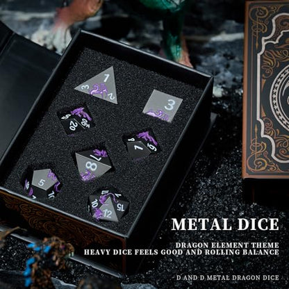 Metal Dice Set,7-Piece Dragon DND Dice for TTRPG,Black Purple | Dragon-Engraved Design,Heavy Zinc Alloy, Easy-to-Read Numbers,Magnetic Gift Box for DND Players,Gamers&Collectors - color: Black With Purple