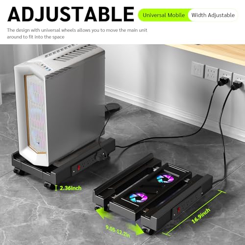 CABTE Computer Tower Stand with Charging Station and Cooling System | Adjustable Mobile CPU Holder with 4 Rolling Casters, Under Desk CPU Bracket PC Floor Cart PC Riser for Office, Home - color: Socket with Fan