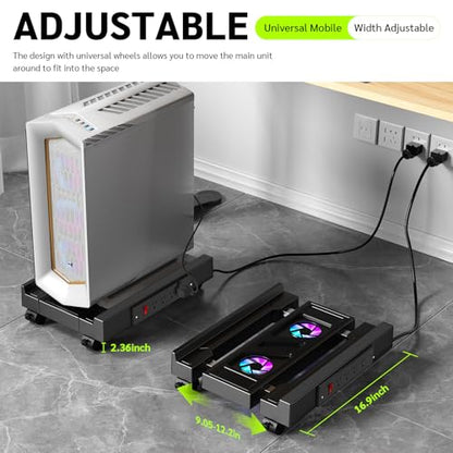 CABTE Computer Tower Stand with Charging Station and Cooling System | Adjustable Mobile CPU Holder with 4 Rolling Casters, Under Desk CPU Bracket PC Floor Cart PC Riser for Office, Home - color: Socket with Fan