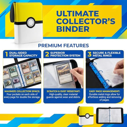 Card Binder 4 Pocket, Trading Card Holder Album Book, 50 Removable Sleeves Hold 400 Cards, PU Leather Zipper Portable Game Collection Card Case Ideal Gift (Yellow) - color: Yellow, size: Medium