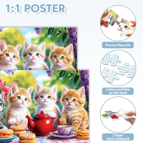 100 Piece Puzzles for Kids Ages 4-6, Kittens' Tea Time Jigsaw Puzzle, Educational Fun for Kids Ages 6-8 & 8-10, Large Piece Puzzles for Seniors & Adults, Creative Puzzle for Family Activities - style: Kittens' Tea Time