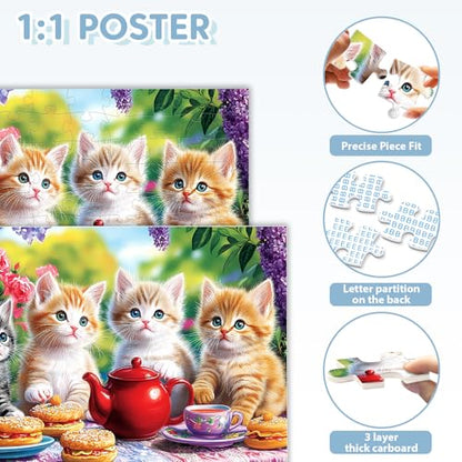 100 Piece Puzzles for Kids Ages 4-6, Kittens' Tea Time Jigsaw Puzzle, Educational Fun for Kids Ages 6-8 & 8-10, Large Piece Puzzles for Seniors & Adults, Creative Puzzle for Family Activities - style: Kittens' Tea Time