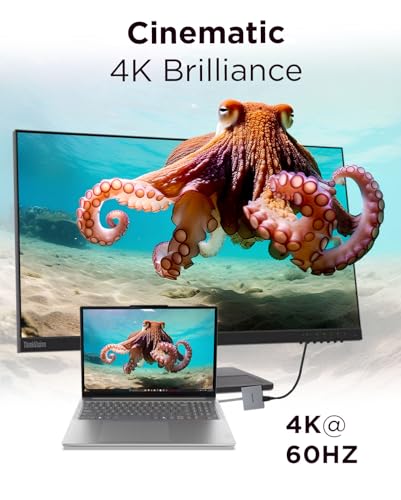 Lenovo USB-C 4 in 1 Travel Hub Block with Integrated Cable, 1x HDMI 4K @ 60Hz, 2X USB-A 3.2, 1x 3.5mm Combo, Luna Grey – Portable, Compact, High-Speed Connectivity Laptops PC Gaming Console Charging