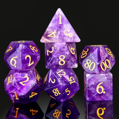 Amethyst Crystal DND Dice Set 7 PCS Gemstone Suitable for Dungeons and Dragons Dice for Polyhedral Dice for D & DRPG Games (Amethyst - color: Amethyst