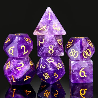 Amethyst Crystal DND Dice Set 7 PCS Gemstone Suitable for Dungeons and Dragons Dice for Polyhedral Dice for D & DRPG Games (Amethyst - color: Amethyst