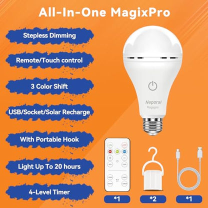 MagixPro Remote Rechargeable Light Bulbs, USB & Socket Charging, 1800mAh Battery, Dimmable LED Bulb for Hardwired & Non-wired Lamps Sconces, Touch + Remote Control, Wall Switch Compatible, 2 Pack - color: White