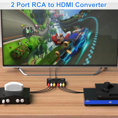 2 Port RCA/AV to HDMI Converter Adapter Support 16:9/4:3 for WII/N64/PS1/PS2/PS3/VHS/VCR/DVD Players etc(2 AV in 1 HDMI Out) - style: 2Port AV to HDMI Converter