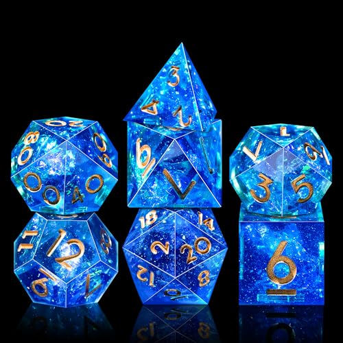 AUSTOR 7-Die DND Dice Set Handmade Sharp Edge Polyhedral Dice for Dungeons and Dragons D&D RPG MTG Table Games（Blue & Gold） - color: Blue & Gold
