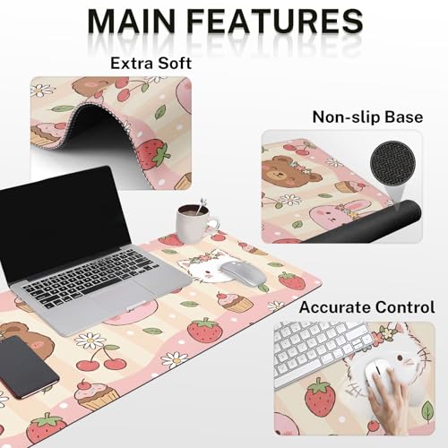 Arttown Keyboard Mouse Pad Set, 4 in 1 Desk Mat Set Strawberry Kawaii | Pink Animal Large Mousepad+Keyboard Wrist Rest+Mouse Wrist Rest+Coaster Ergonomic Design for Home Office Computer - color: Cute Animal