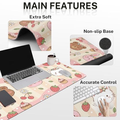 Arttown Keyboard Mouse Pad Set, 4 in 1 Desk Mat Set Strawberry Kawaii | Pink Animal Large Mousepad+Keyboard Wrist Rest+Mouse Wrist Rest+Coaster Ergonomic Design for Home Office Computer - color: Cute Animal
